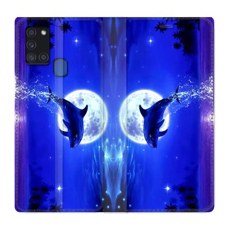 Housse cuir portefeuille pour Samsung Galaxy A21S Dauphin Lune