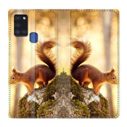 Housse cuir portefeuille pour Samsung Galaxy A21S Ecureuil Bois