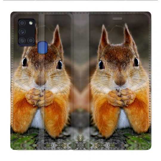 Housse cuir portefeuille pour Samsung Galaxy A21S Ecureuil Face