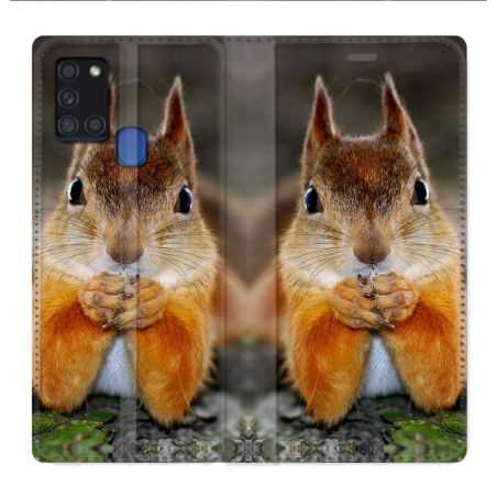 Housse cuir portefeuille pour Samsung Galaxy A21S Ecureuil Face