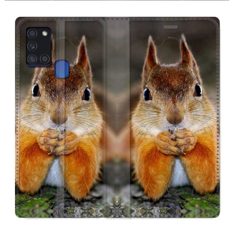 Housse cuir portefeuille pour Samsung Galaxy A21S Ecureuil Face