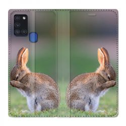 Housse cuir portefeuille pour Samsung Galaxy A21S Lapin Marron