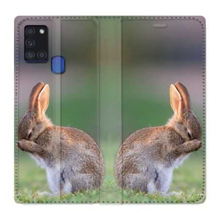 Housse cuir portefeuille pour Samsung Galaxy A21S Lapin Marron