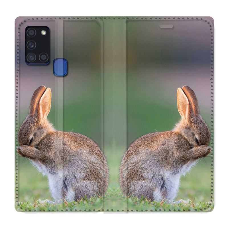 Housse cuir portefeuille pour Samsung Galaxy A21S Lapin Marron