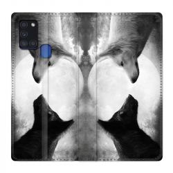 Housse cuir portefeuille pour Samsung Galaxy A21S Loup Duo