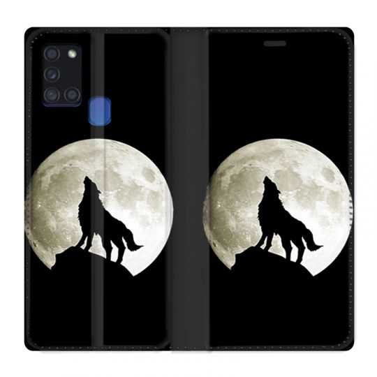 Housse cuir portefeuille pour Samsung Galaxy A21S Loup Noir
