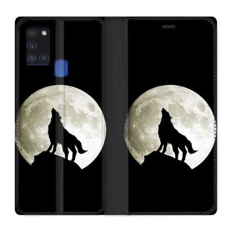 Housse cuir portefeuille pour Samsung Galaxy A21S Loup Noir