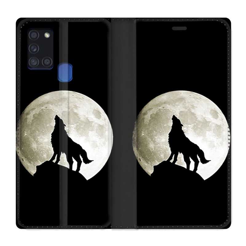 Housse cuir portefeuille pour Samsung Galaxy A21S Loup Noir