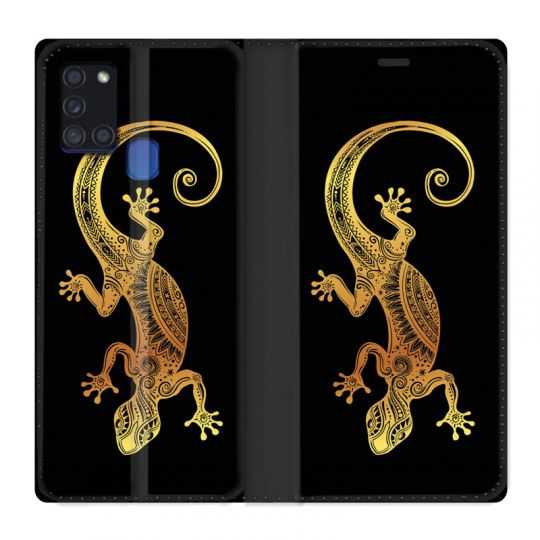 Housse cuir portefeuille pour Samsung Galaxy A21S Animaux Maori Lezard Noir