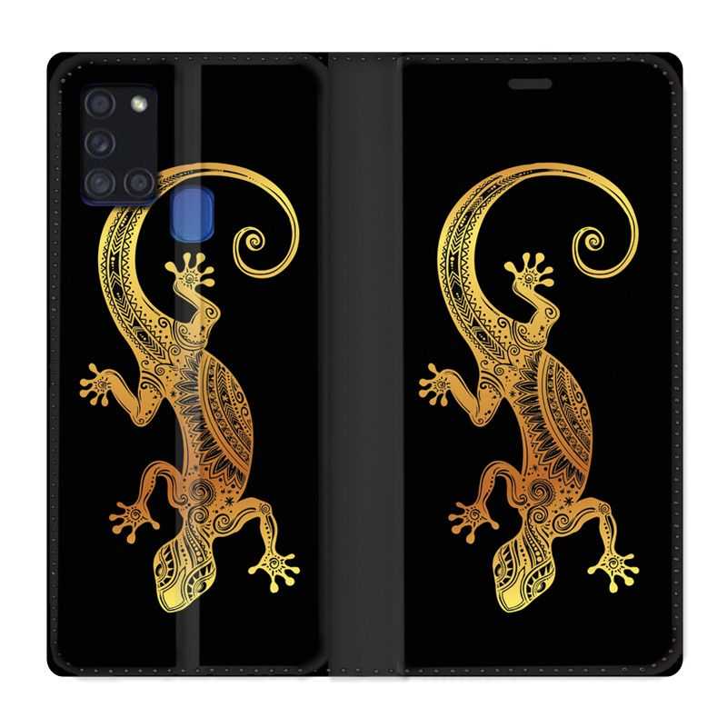 Housse cuir portefeuille pour Samsung Galaxy A21S Animaux Maori Lezard Noir