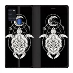 Housse cuir portefeuille pour Samsung Galaxy A21S Animaux Maori Tortue Noir