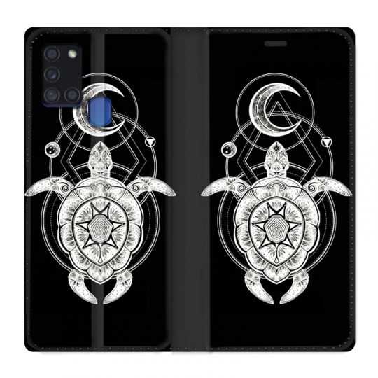 Housse cuir portefeuille pour Samsung Galaxy A21S Animaux Maori Tortue Noir