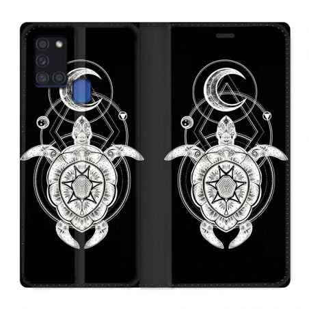 Housse cuir portefeuille pour Samsung Galaxy A21S Animaux Maori Tortue Noir