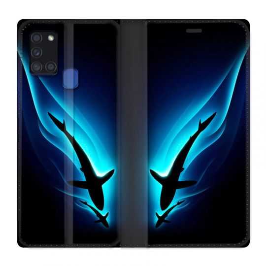 Housse cuir portefeuille pour Samsung Galaxy A21S Requin Noir