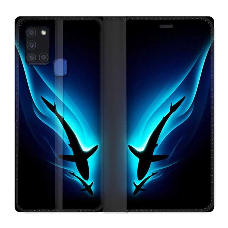Housse cuir portefeuille pour Samsung Galaxy A21S Requin Noir