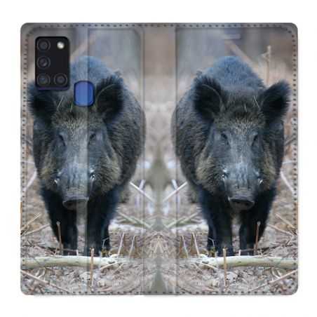 Housse cuir portefeuille pour Samsung Galaxy A21S Sanglier Pin