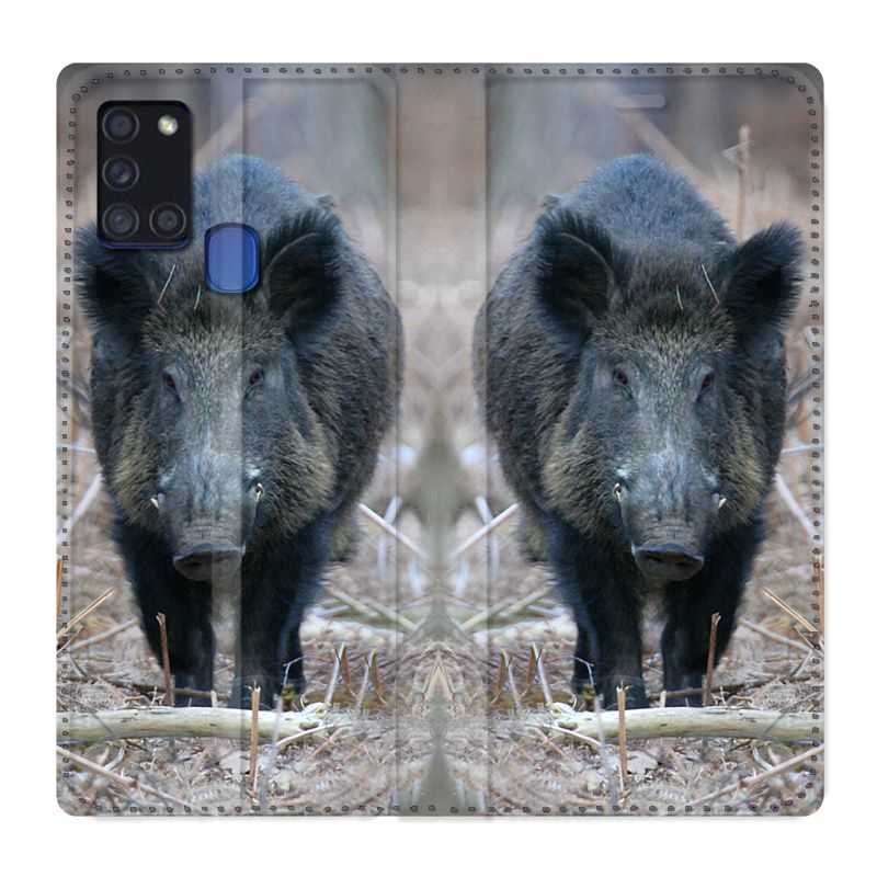 Housse cuir portefeuille pour Samsung Galaxy A21S Sanglier Pin