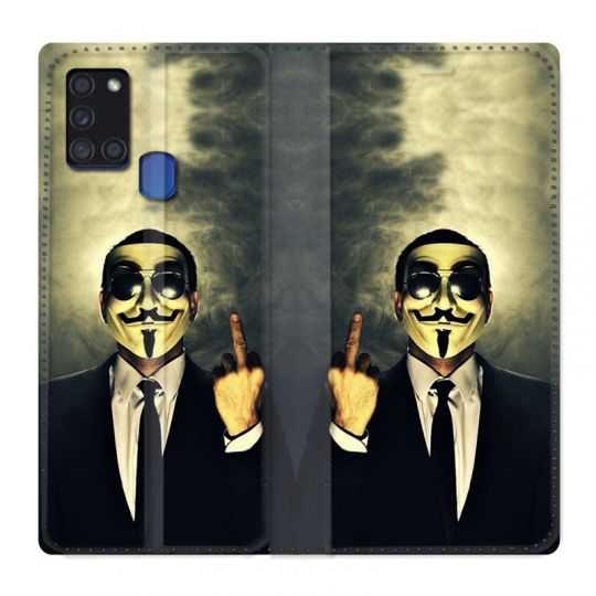 Housse cuir portefeuille pour Samsung Galaxy A21S Anonymous Doigt