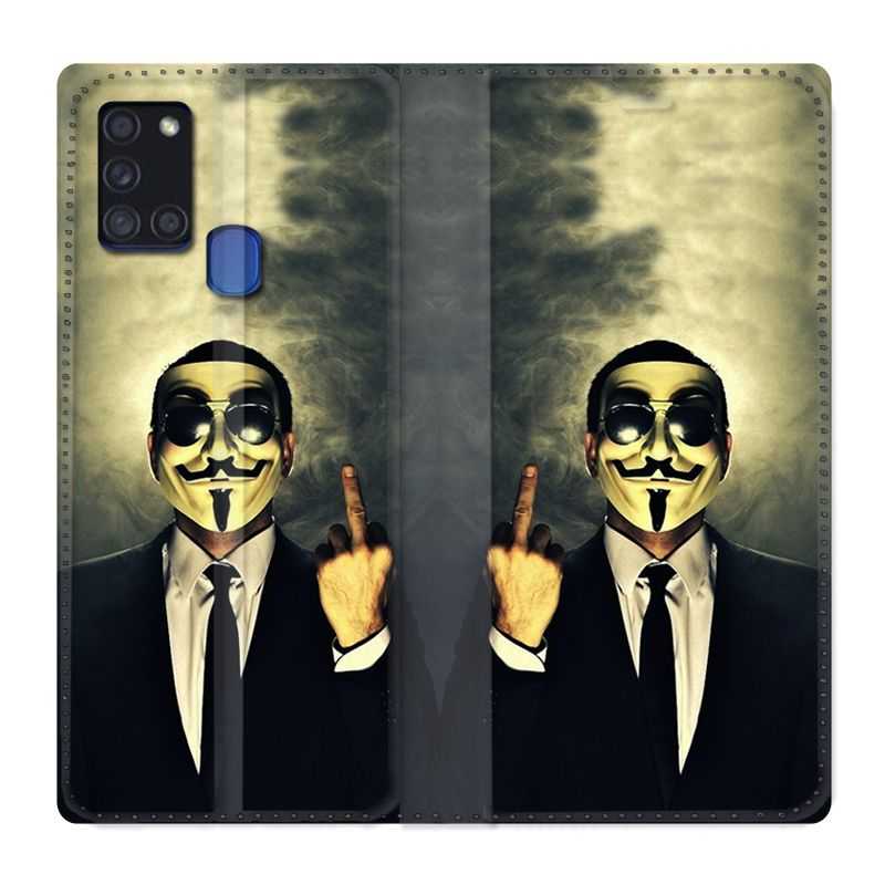 Housse cuir portefeuille pour Samsung Galaxy A21S Anonymous Doigt