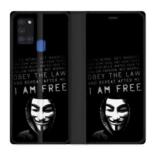Housse cuir portefeuille pour Samsung Galaxy A21S Anonymous I am free
