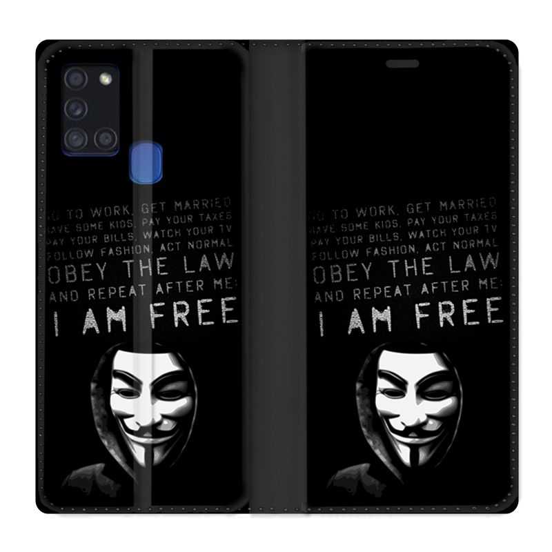Housse cuir portefeuille pour Samsung Galaxy A21S Anonymous I am free