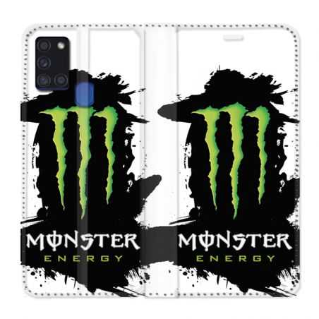Housse cuir portefeuille pour Samsung Galaxy A21S Monster Energy Tache