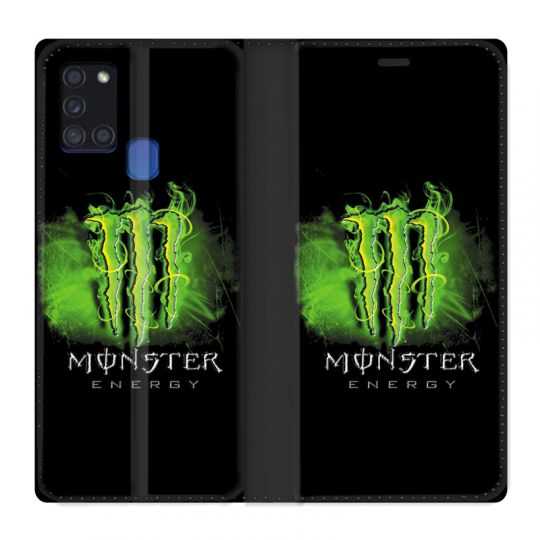 Housse cuir portefeuille pour Samsung Galaxy A21S Monster Energy Vert