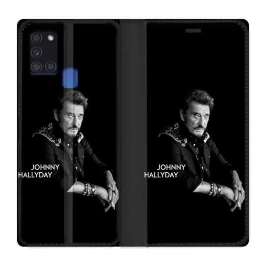 Housse cuir portefeuille pour Samsung Galaxy A21S Johnny Hallyday Noir