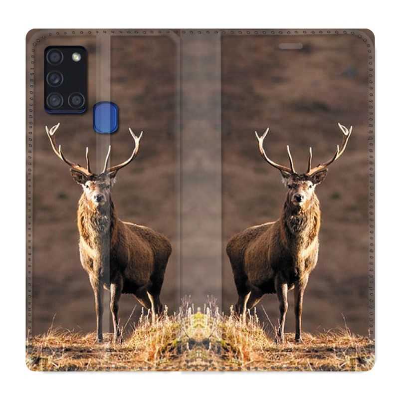 Housse cuir portefeuille pour Samsung Galaxy A21S Chasse Chevreuil Blanc