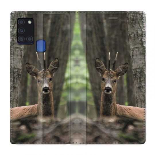 Housse cuir portefeuille pour Samsung Galaxy A21S Chasse Chevreuil Bois