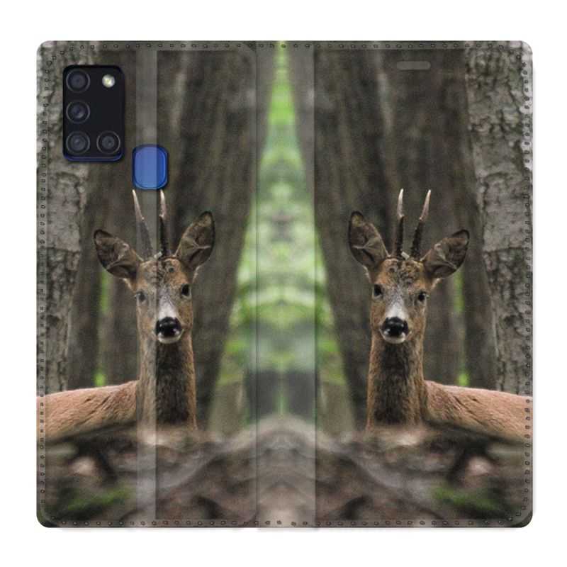 Housse cuir portefeuille pour Samsung Galaxy A21S Chasse Chevreuil Bois