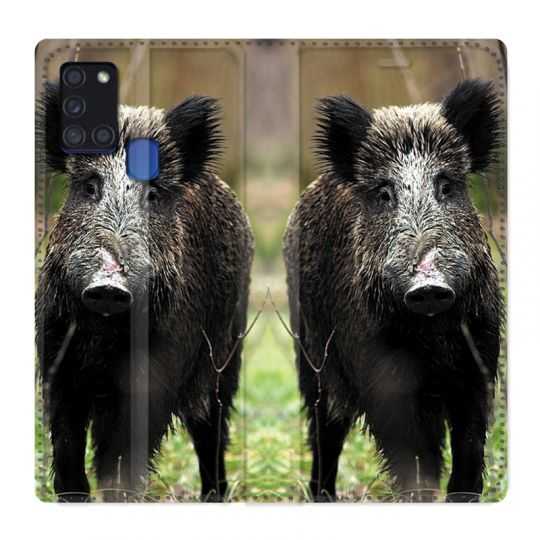 Housse cuir portefeuille pour Samsung Galaxy A21S Chasse Sanglier bois