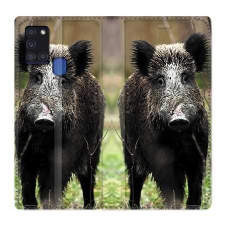 Housse cuir portefeuille pour Samsung Galaxy A21S Chasse Sanglier bois