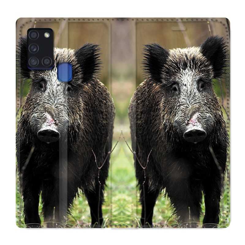 Housse cuir portefeuille pour Samsung Galaxy A21S Chasse Sanglier bois