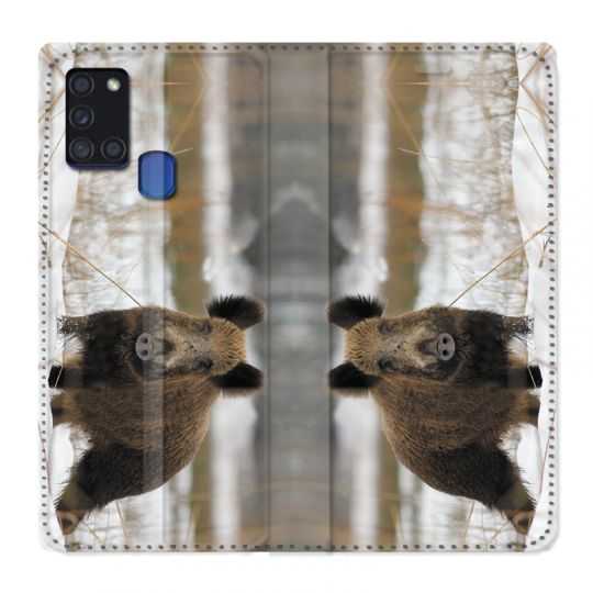 Housse cuir portefeuille pour Samsung Galaxy A21S Chasse Sanglier Neige