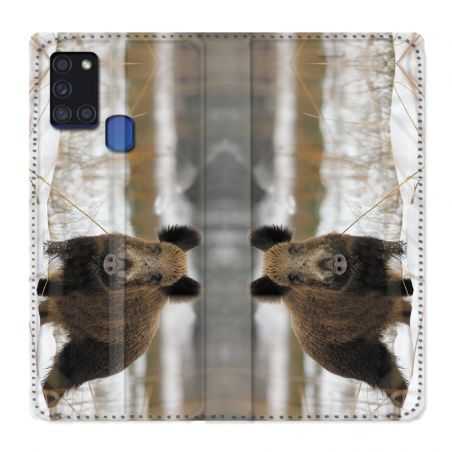 Housse cuir portefeuille pour Samsung Galaxy A21S Chasse Sanglier Neige