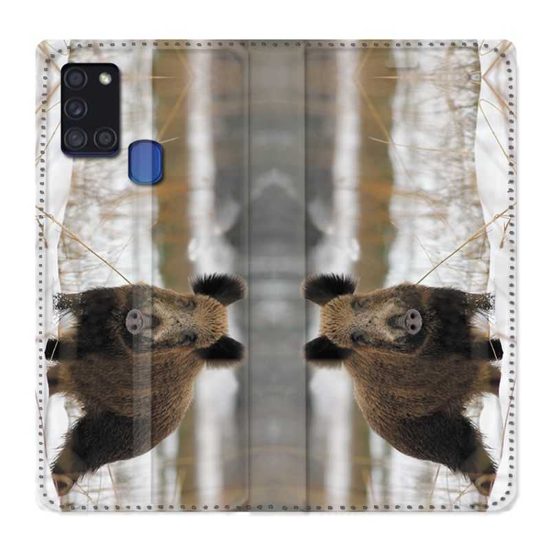 Housse cuir portefeuille pour Samsung Galaxy A21S Chasse Sanglier Neige