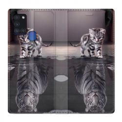 Housse cuir portefeuille pour Samsung Galaxy A21S Chat Reflet