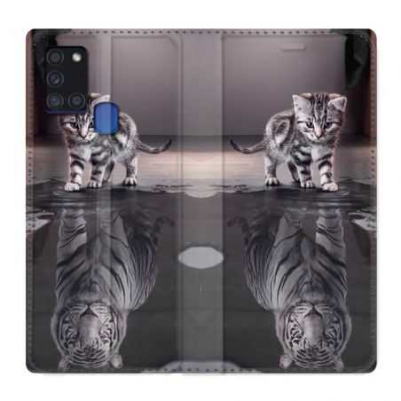 Housse cuir portefeuille pour Samsung Galaxy A21S Chat Reflet