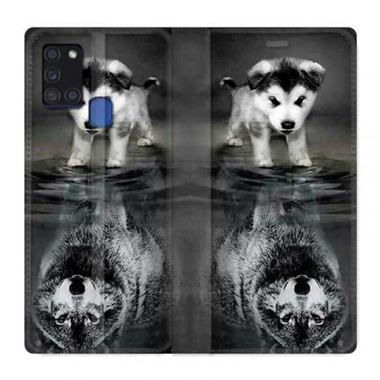 Housse cuir portefeuille pour Samsung Galaxy A21S Chien Reflet