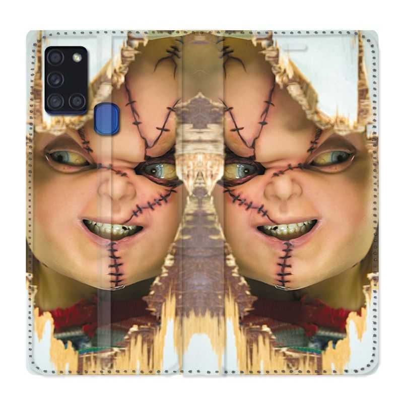 Housse cuir portefeuille pour Samsung Galaxy A21S Chucky Blanc