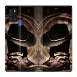 Housse cuir portefeuille pour Samsung Galaxy A21S Cow Boy Chapeau