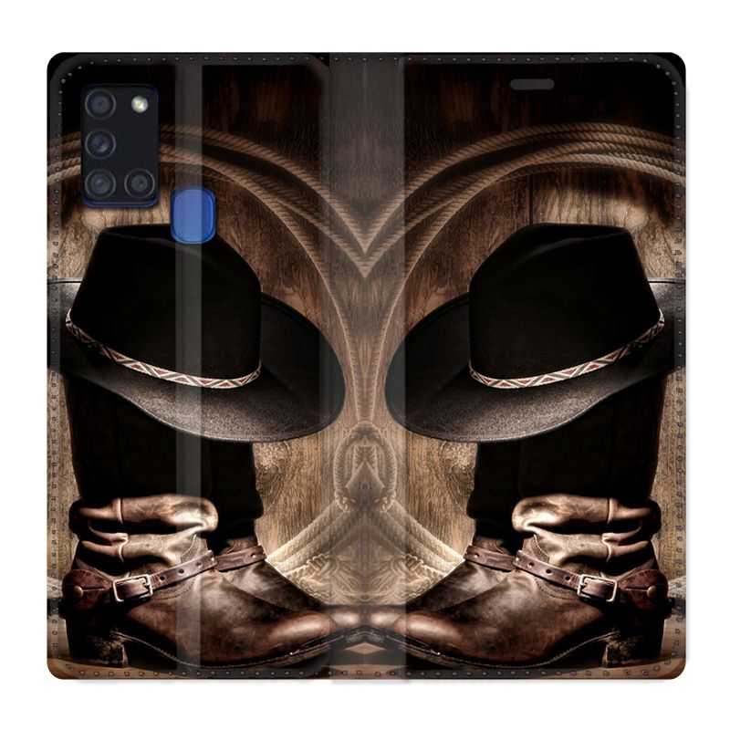 Housse cuir portefeuille pour Samsung Galaxy A21S Cow Boy Chapeau
