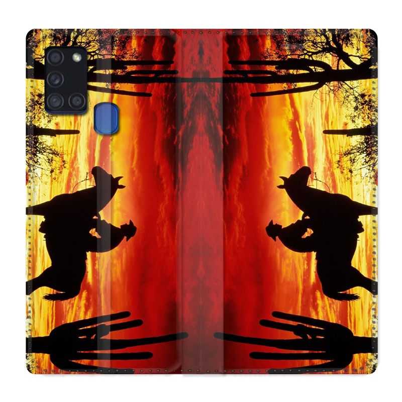 Housse cuir portefeuille pour Samsung Galaxy A21S Cow Boy Soleil