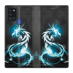 Housse cuir portefeuille pour Samsung Galaxy A21S Dragon Bleu
