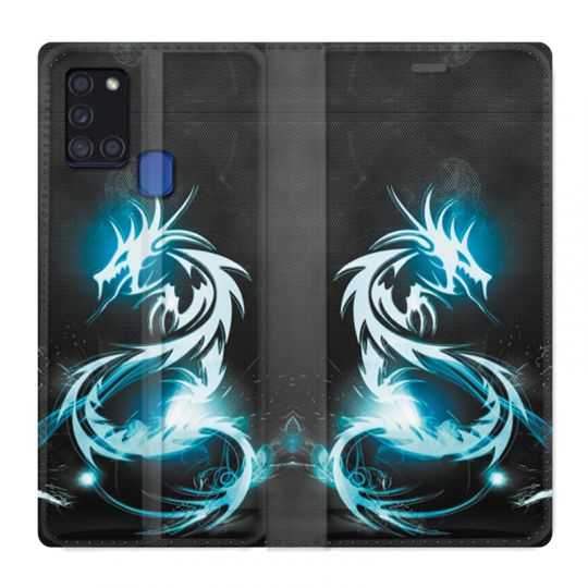 Housse cuir portefeuille pour Samsung Galaxy A21S Dragon Bleu