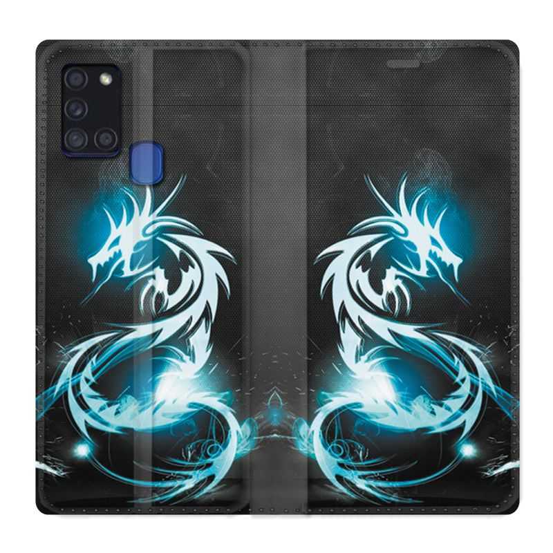 Housse cuir portefeuille pour Samsung Galaxy A21S Dragon Bleu
