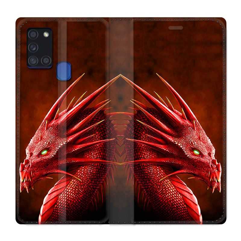 Housse cuir portefeuille pour Samsung Galaxy A21S Dragon Rouge