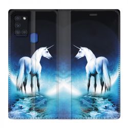 Housse cuir portefeuille pour Samsung Galaxy A21S Licorne Lune