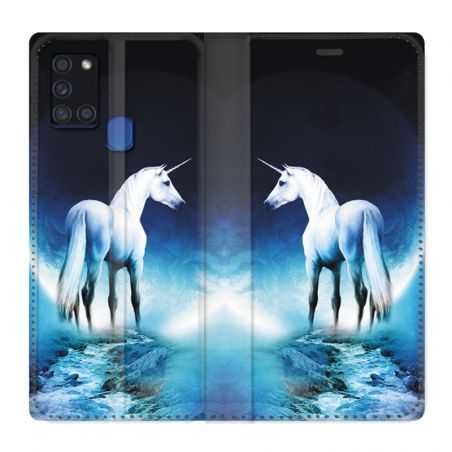 Housse cuir portefeuille pour Samsung Galaxy A21S Licorne Lune